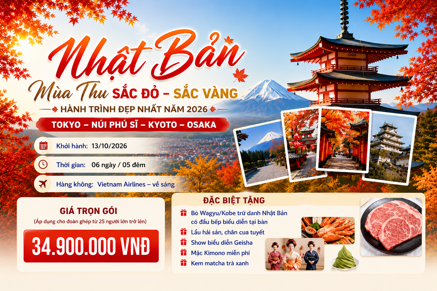 TOUR NHẬT BẢN | CUNG KINH ĐIỂN TOKYO – NÚI PHÚ SĨ – KYOTO – OSAKA | 6N5Đ