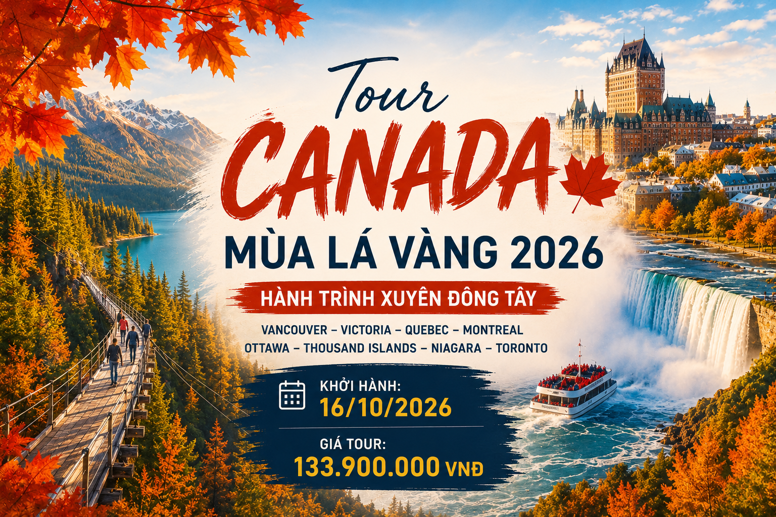 Tour Canada Mùa Lá Vàng 2026 – Hành Trình Xuyên Đông Tây Qua Mùa Thu Đẹp Nhất Thế Giới
